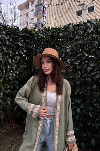 Kadın Hakı Müslin Kumaş, Hasır Şerit Detaylı Salaş Kimono Ceket Haki