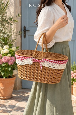 Rosıe Pötikare Desen Kumaş 2 Kapaklı Oval Piknik Sepeti 40 Cm Karışık