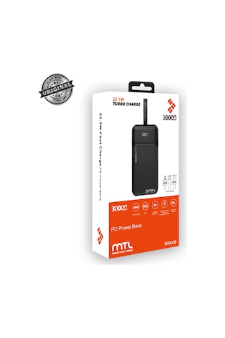 30000 Mah 22.5w Turbo Şarj Dahili Kablolu Dijital Led Göstergeli Pd Ve Qc 3.0 Powerbank Mt4330 Siyah