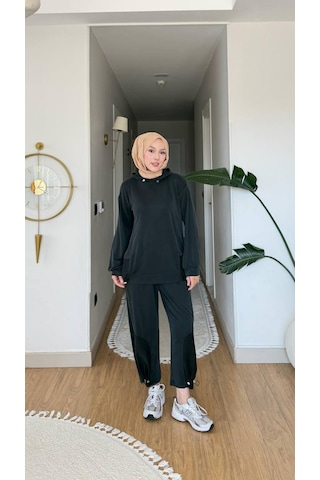 Mitodo.com Kapşonlu Spor Dokulu Rahat Kesim Alt Üst Eşofman Takımı siyah
