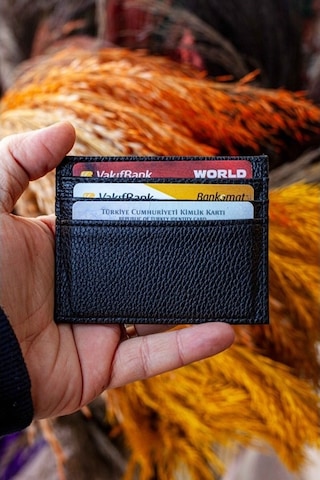Unisex Mini Ve İnce Deri Dizme Kartlık Portföy Floter Siyah
