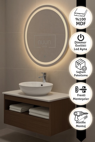 Aurora 60cm Banyo Dolabı Seti Yuvarlak Ledli Dokunmatik Ayna + Mdf Lavabo Dolabı + Seramik Lavabo Ceviz - Beyaz