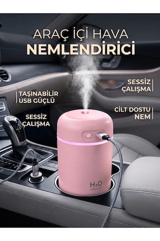 Araç Içi Mini Hava Nemlendirici Led Işıklı Taşınabilir Ultrasonik Buhar Makinesi +  1 Yedek Filtre