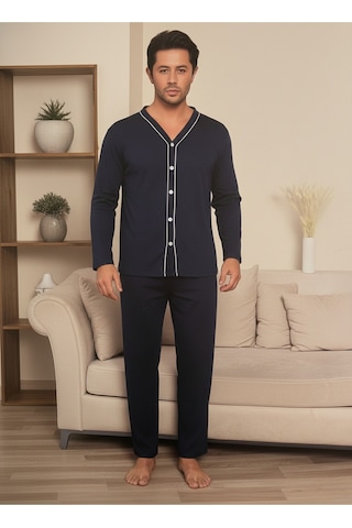 Erkek Önden Düğmeli Uzun Kollu Pijama Takım Lacivert