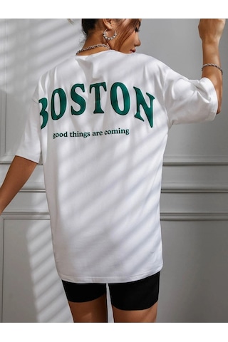 Kadın Beyaz Oversiz Boston Baskılı Örme T-shirt Beyaz-58930