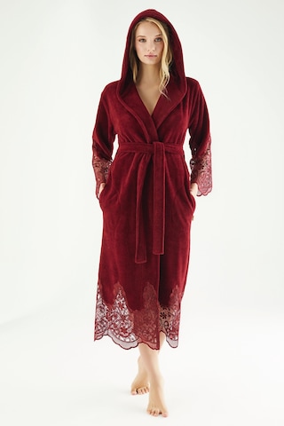 Dantelli Uzun Kapüşonlu Triga Bambu Cotton Bayan Bornoz Bordo