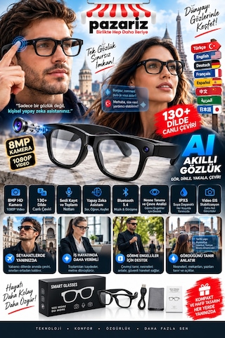 Aı Akıllı Gözlük 8mp Kamera 1080p Video Bluetooth 5.4 Yapay Zeka Asistan 130+ Dil Canlı Çeviri Ses Kayıt Müzik Görüşme Eıs Stabilizasyon Ipx5 Akıllı Güneş Gözlüğü Gerçek Zamanlı Çeviri Hafıza