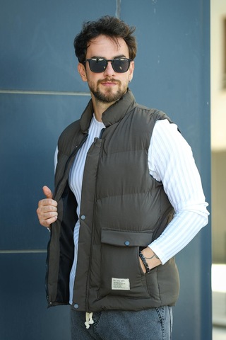 Octave Suya Dayanıklı Kapaklı Cepli Etiket Detaylı Dik Yaka Erkek Şişme Yelek Haki