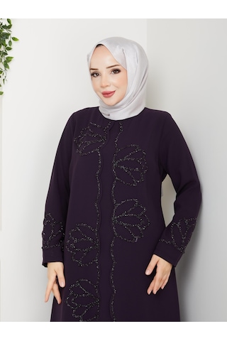 Eslemnur Lotus Çiçek Taşlı Büyük Beden Anne Elbisesi Mürdüm