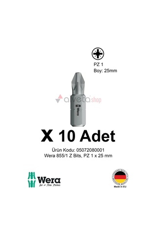 Alveta Wera 855/1 Z Pz1 X 25mm Tornavida Ucu 10 Adet Pozidriv Vidalama Bits Seti Profesyonel Seri