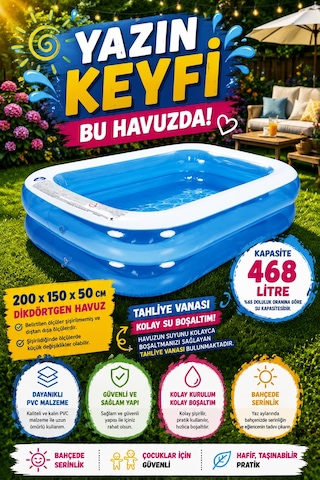 200x150x50 Cm Dikdörtgen Şişme Havuz - 30 Cm El Pompası Dahil Mavi