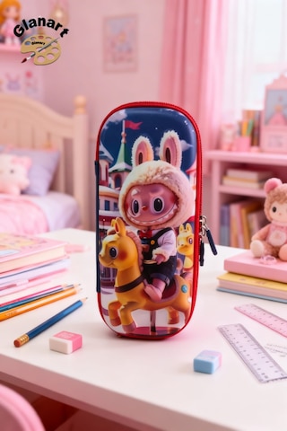 Labubu Kabartmalı İçi Fileli Kalem Kutusu Kalemlik 1 Adet Atlı Desen Pembe