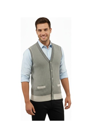 Çizgi Triko Erkek Düğmeli Yelek Cepli Çelik Örgü Klasik Kalıp 5208l Bgl-st04964 Taş