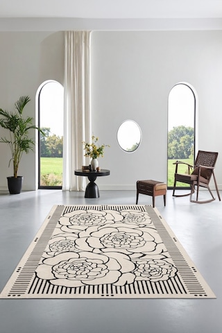 Zeminde Çizgisel Bahar Siyah Beyaz Çiçekli Kaymaz Taban Halı Siyah - Beyaz