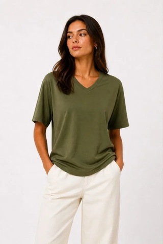Defymoda V Yaka Basic Tişört Kısa Kol Yazlık Regular Fit T-shirt - Haki