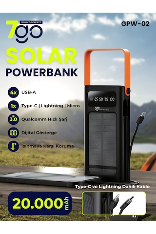 7go Gpw-02 20.000mah Solar Powerbank 4xusb-a, Qualcomm 3.0 Hızlı Şarj, Dahili Lightning & Usb-c Ka Siyah