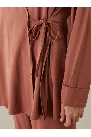 Lcw Modest Kahverengi Kruvaze Yaka Keten Karışımlı Kadın Kimono