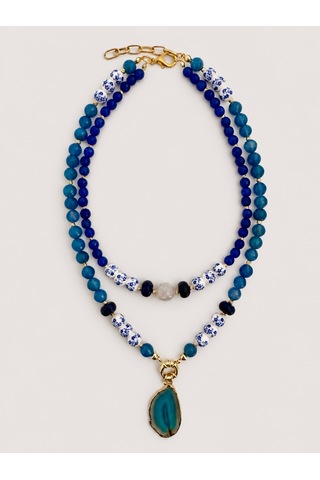 El Yapımı Mavi Kalsedon, Lapis Lazuli & Akik Doğal Taşlı Kolye Seti
