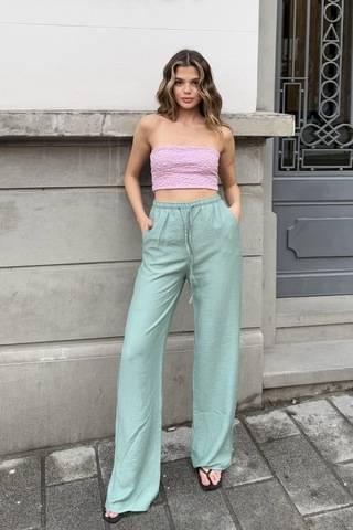 Pembe Keten Karışımlı Bol Kesim Pantolon Nil Yeşili