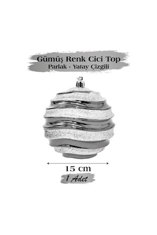 15 Cm Beyaz Yatay Çizgili Parlak Gümüş Yılbaşı Top Süs Büyük Boy Dekoratif Ağaç Süsü
