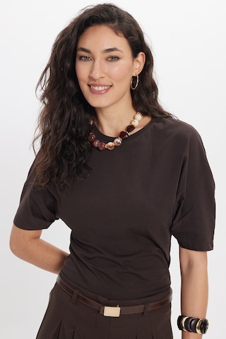 Tudors Kadın Oversize Geniş Kesim Pamuk Bisiklet Yaka Yarasa Kol Kahverengi Tişört-50688 L