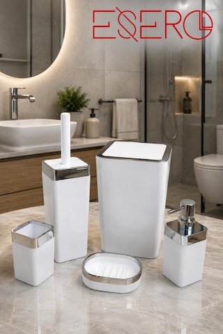 Dante 340 Krom Beyaz 5'li Lüks Banyo Aksesuar Seti Beyaz Krom Çöp Kovası Wc Fırçalık Sıvı Sabunluk Sabunluk Diş Fırçalık Modern Banyo Seti
