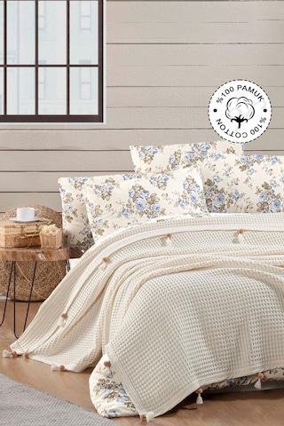 Vionel Home Pamuklu Waffle Desen Ponponlu Çift Kişilik Pike Krem