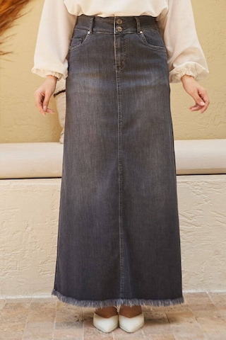 Neways 2252-Eteği Püsküllü Denim Etek Koyu Gri