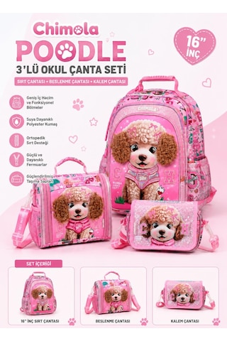Chimola Poodle 3'lü Okul Çanta Seti 16" Sırt Çantası + Beslenme Çantası + Kalem Çantası Çok Renkli