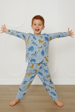Esila Kids Erkek Çocuk Pijama Takımı Baskılı Uzun Kollu Takım 3-7 Yaş Mavi