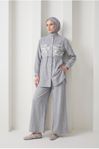 Armine Trend Çiçek Desenli Beli Büzgülü Tunik Ve Geniş Paça Pantolonlu Takım İndigo 26yt6156