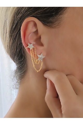 Yıldız Model Zirkon Taşlı Ear Cuff Kıkırdak Küpesi Gold