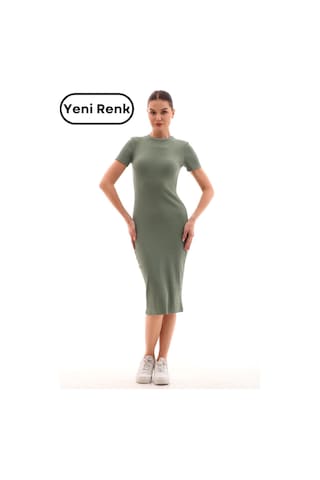 Haki Kısa Kollu Diz Altı Fitilli Esnek Kalem Elbise - 115 Cm