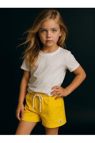 Kız Çocuk Pamuklu Cepli Şort-15982 Sarı