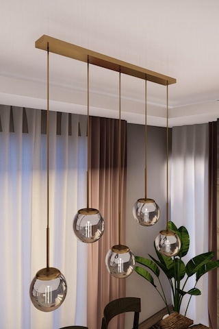 Dora Modern Sıralı Avize - Eskitme Metal, Füme Cam, 5'li Sarkıt, 1 Adet
