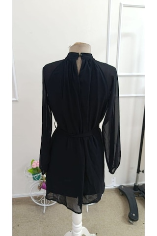 Bhrwear Kadın Uzun Kollu Yarı Balıkçı Yakalı Astar Detaylı Belden Kuşaklı Şifon Kısa Elbise Renkli