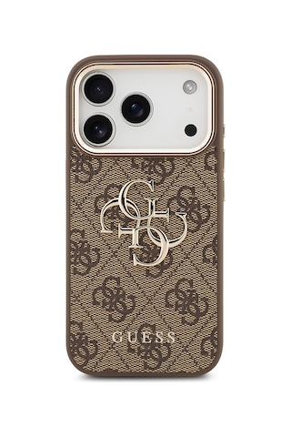 Apple Uyumlu iPhone 17 Pro Max Kılıf Guess Lisanslı Gold Metal Kamera Çerçeveli Metal Büyük 4g Yazı Logolu Kahve
