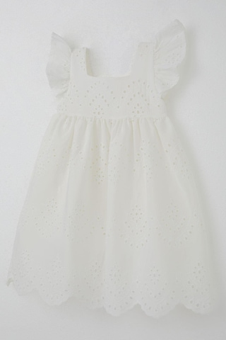 Breeze Kız Çocuk Elbise Çiçek Nakışlı Arka Kısmı Fermuarlı 3-8 Yaş, Ekru Ekru