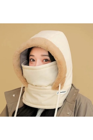 Kulak Korumalı Rüzgar Ve Kar Maskeli Boyun Atkısı Entegre Şapka Krem