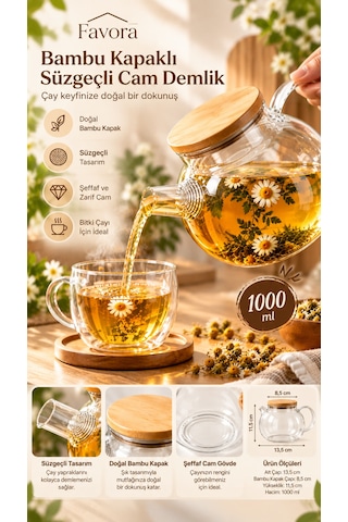 Favora Bambu Kapaklı Süzgeçli Cam Demlik 1000 Ml Şeffaf