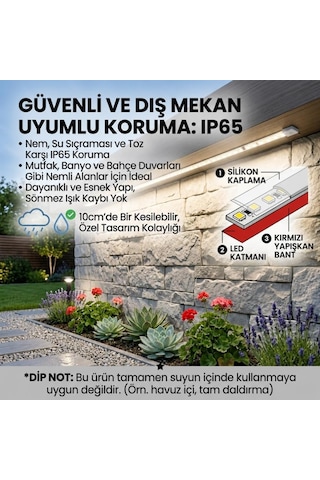 Sb-6508 Led Şerit, Beyaz Ve Gün Işığı Şerit Led Işık 120 Led, Silikonlu 10 Cm Kesilebilir, Aç Kapat Butonlu Fişli, Tak Çalıştır Gizli Tavan Işık Bandı Mutfak Tezgah Beyaz, 5 Metre