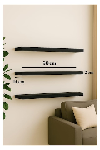 50 Cm Mat Siyah Mdf Uçan Duvar Rafı Gizli Bağlantı Kitaplık