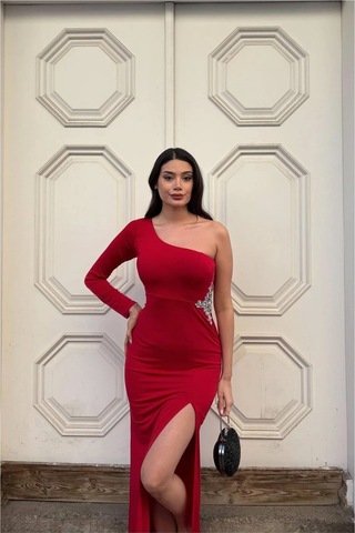 Alfa Aksesuar 03 Simli Asimetrik Tek Kollu Drapeli Elbise Yaka Kumaş Kırmızı