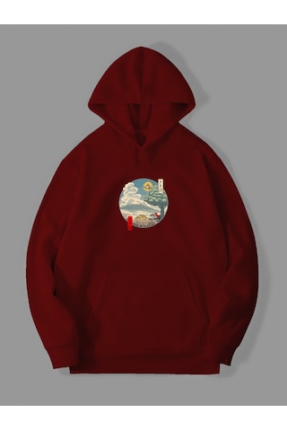 Harmandar Üç İplik Totoro Baskılı Unisex Kırmızı Kanguru Cepli Kapüşonlu Sweatshirt Hoodie Totorokirmizisweat