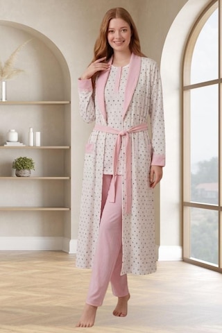 Mecit Pijama Mecit 6358 Pembe Kadın Uzun Sabahlıklı Pijama Takımı