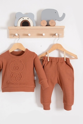 Bear Gofre Kabartmalı 2'li Erkek Bebek Takımı Kahve Kahverengi