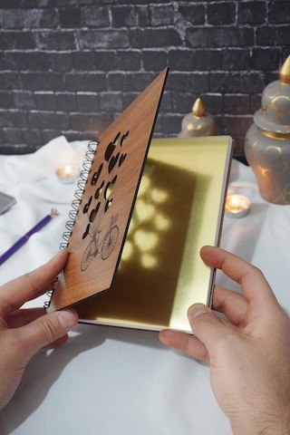 A5 Spiralli Balonlu Bisiklet Ahşap Defter - Günlük - Çizgisiz Defter Ahşap Rengi Ceviz A5 Notebook