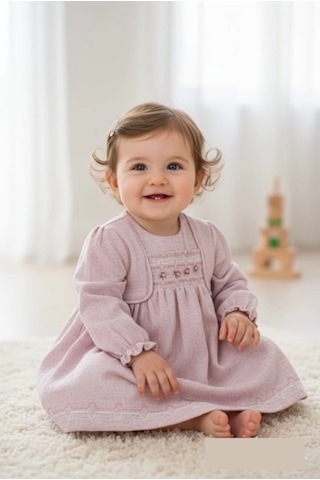 Lamato Baby Robası Sıra Çiçekli Bebe Kız Elbise Pudra