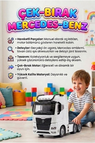Mercedes Actroc Çek-bırak Mekanizmalı Metal Gerçekçi Tasarımlı Devrilebilir Kabinli Oyuncak Tır Beyaz