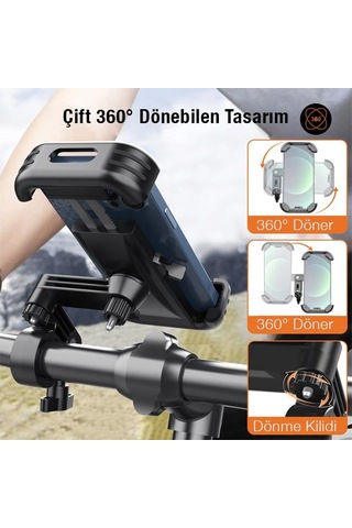 Polham Motor, Bisiklet, Scooter ve Bebek Arabası Gidon Uyumlu Telefon Tutucu, Kilit Sistemli 360